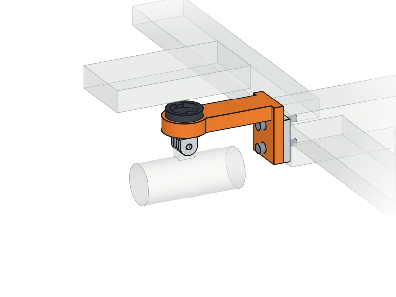 Render: an orange out-front arm bolted to the faceplate of an integrated aero cockpit through steel sleeves, with a Garmin quarter-turn on top and an aluminium GoPro mount underneath.
