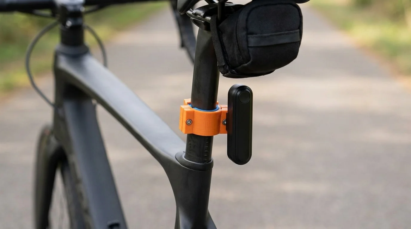 Illustration: an orange printed clamp on an aero seatpost holding a black rear radar under a saddle bag.