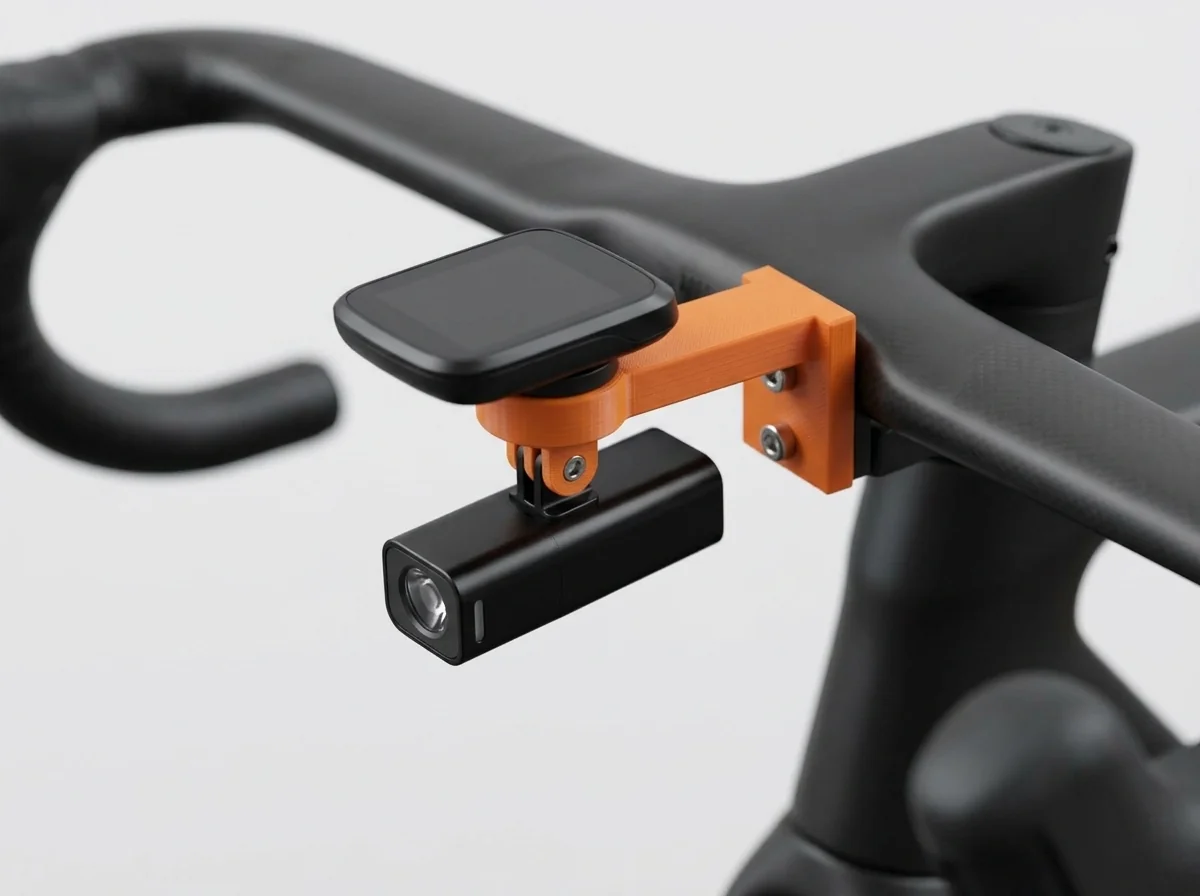 Illustration: an orange printed out-front arm on an integrated carbon bar, with a bike computer on top and a light underneath.