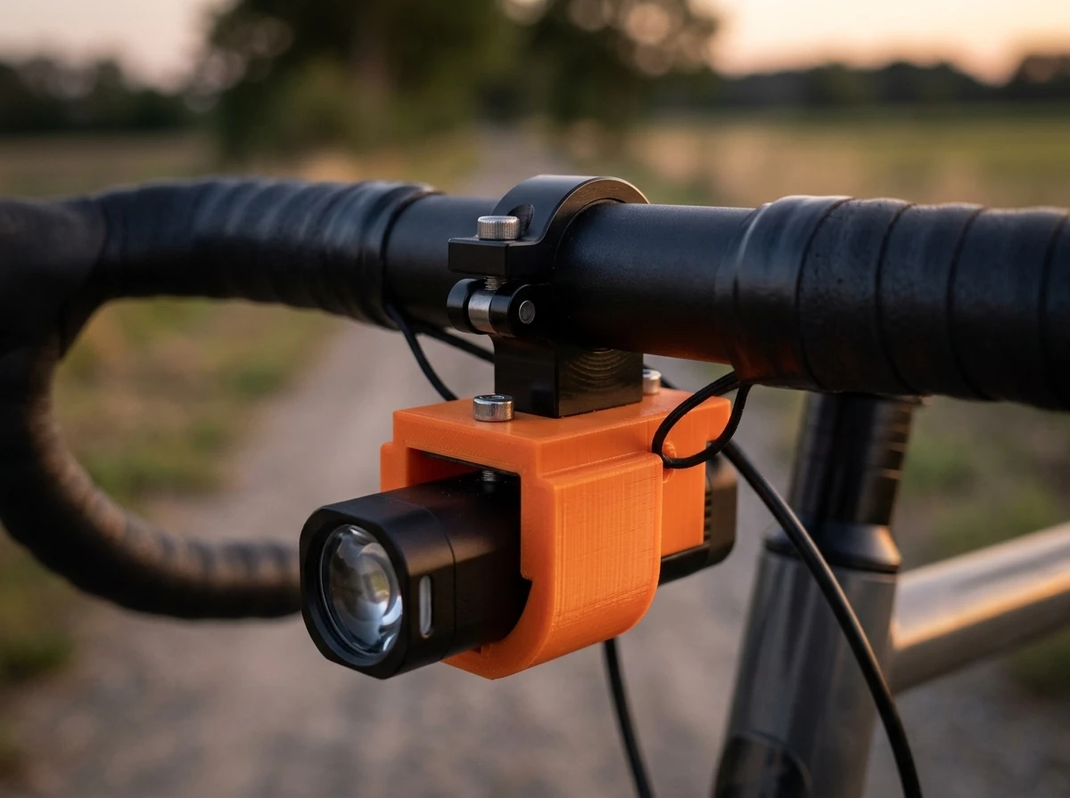 Illustration: an orange printed cradle hanging from a metal bar clamp, holding a front lamp, with a tether to the bar.