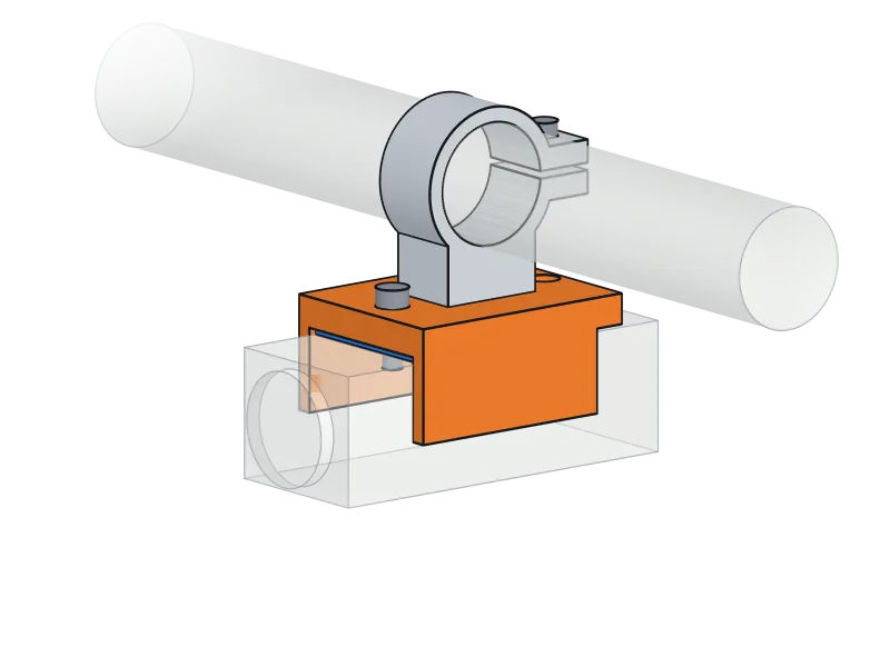 Render: an orange cradle screwed under an existing aluminium bar clamp, holding a heavy front lamp upside down on a blue TPU pad.