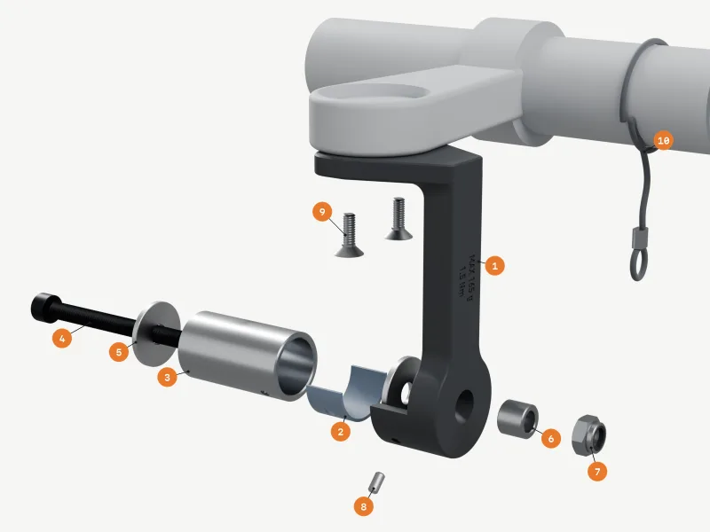 Exploded render along the stub axis under the out-front: the plate and J-arm, the TPU half-liner, the aluminium stub, the M6 bolt, two washers, the steel sleeve, the nyloc nut, the locating pin pulled out of the cradle's front-bottom, two countersunk M4 screws and the tether cord with its crimped eye, numbered as in the parts list.