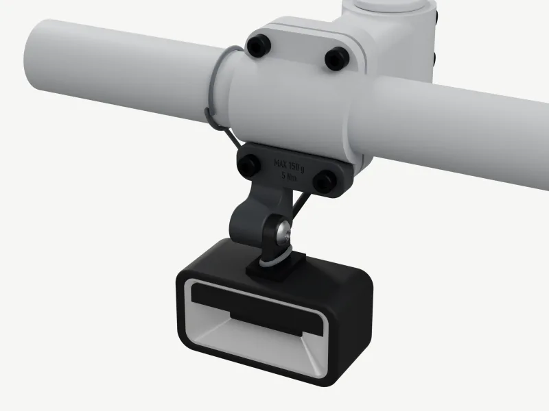 Render from front-left, above: a grey four-bolt stem faceplate on a bar and, under its lower two bolts, a charcoal tab, MAX 150 g · 5 Nm on its strap, with a leg down to an M6 boss. A compact black e-bike lamp hangs from the boss on its tongue under a stainless M6 head, housing upright, reflector forward, with a cord from the bar round the tongue.
