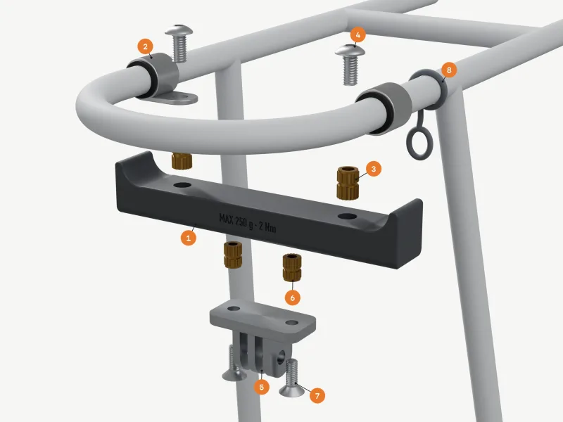 Exploded render down from the rack's top rails: the two P-clamps stay on the rails, with two M5 button-head bolts above them, two M5 brass inserts, the beam, two M4 brass inserts below it, the aluminium GoPro 3-prong, two countersunk M4 screws and the tether cord round the left rail, numbered as in the parts list.