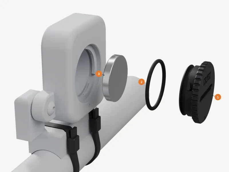 Exploded along the cap's axis: the sensor's open well with its entry ledge and notch, then 3 the CR2032 cell, 2 the black O-ring and 1 the cap with its fluted rim, a lug and the O-ring groove, numbered as in the parts list.