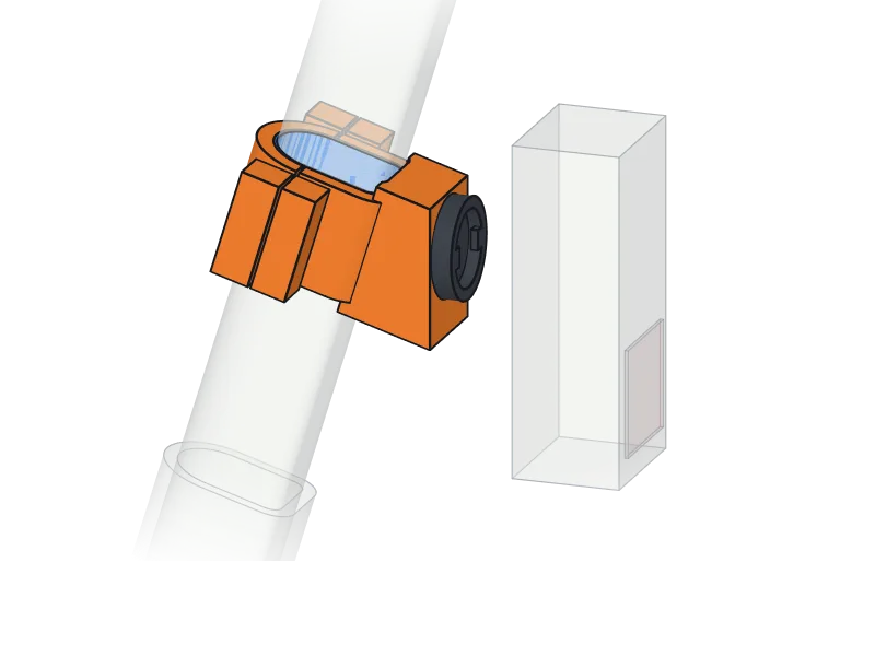 Render: an orange two-part clamp on a D-shaped aero seatpost, with a wedge that keeps a Garmin quarter-turn mount and radar vertical. Bolts, brass inserts and a blue TPU liner are visible.