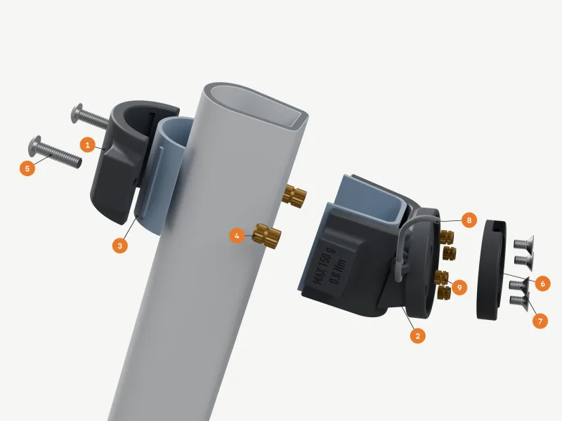 Exploded render along the bolt axis: front half, TPU liner, two M4 brass inserts and bolts, rear half with the tether and four M3 brass inserts, the quarter-turn insert and its four screws, numbered 1 to 9 as in the parts list.
