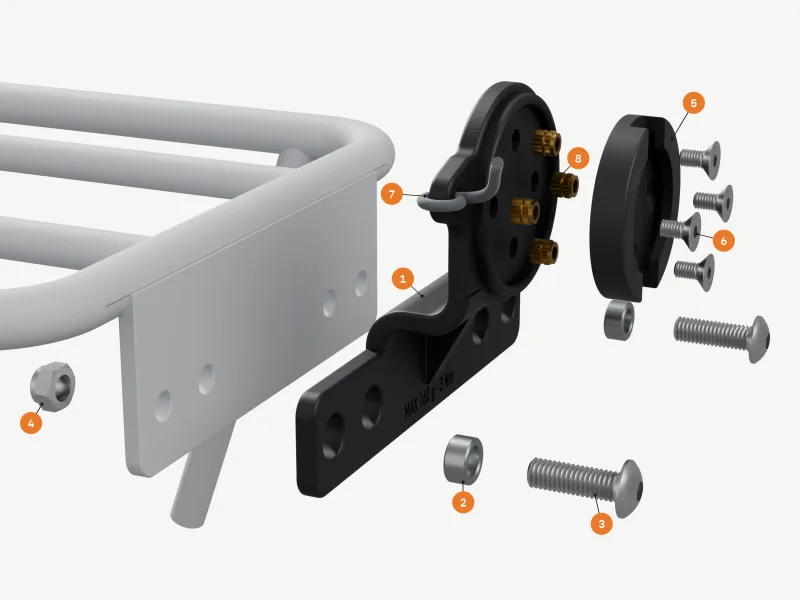 Exploded render: the plate with two steel sleeves and M5 bolts pulled back from the tab, a nyloc in front, the quarter-turn insert and its screws pulled back from four M3 brass inserts, numbered 1 to 8 as in the parts list.
