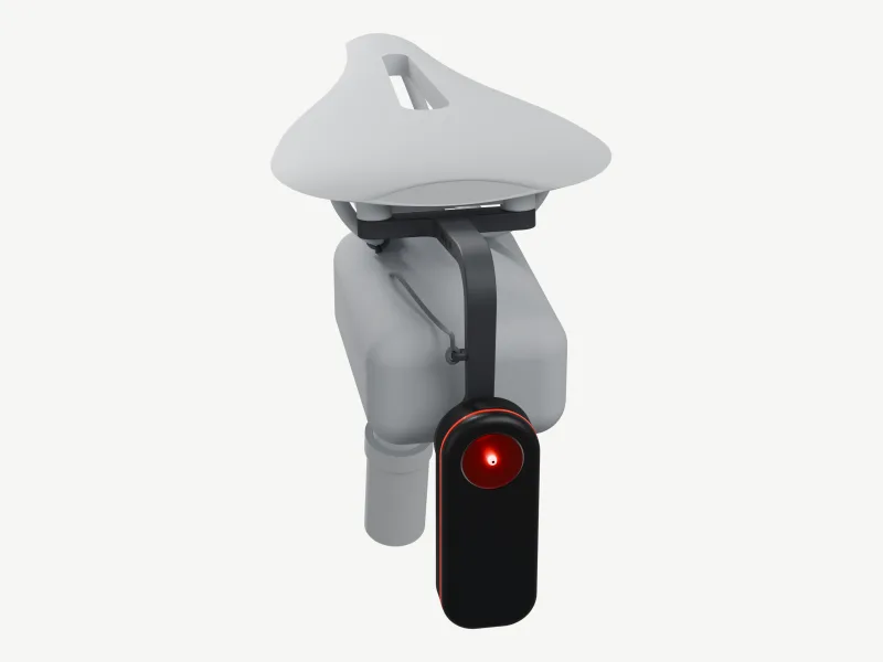 Same camera: the radar on the saddle arm behind the seat pack, its lens in clear view.