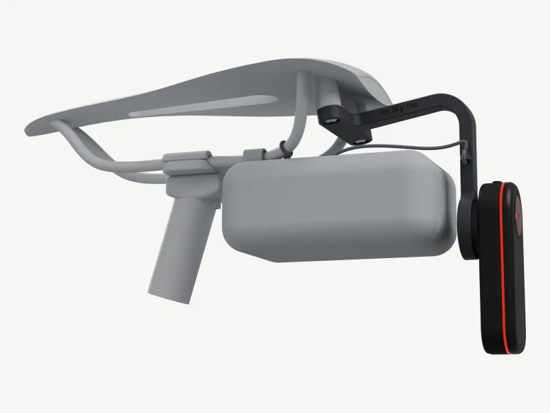 Render from the left, slightly below: a charcoal arm on two bolt heads under a grey saddle, running back past a seat pack and down to a radar facing back, with a cord tether over the bag to a rail; saddle, post head and bag in grey.