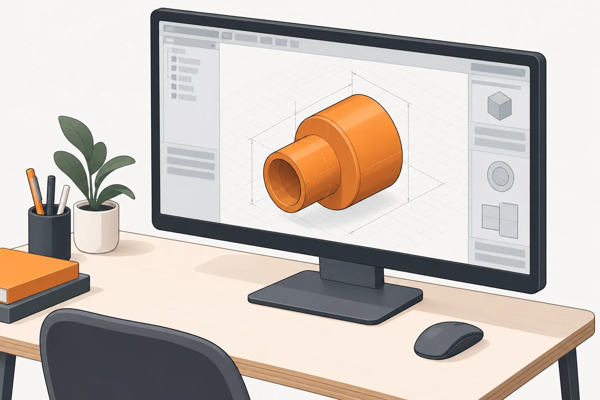 Biurko z monitorem, na którym widać pomarańczową redukcję jako model 3D w programie CAD z liniami wymiarowymi.