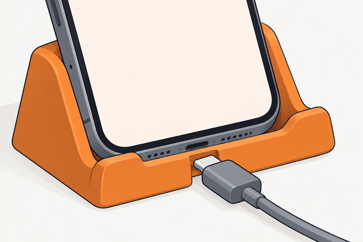 Telefon w pomarańczowej podstawce, której przednia krawędź nie pozwala wtyczce USB-C dosięgnąć gniazda.