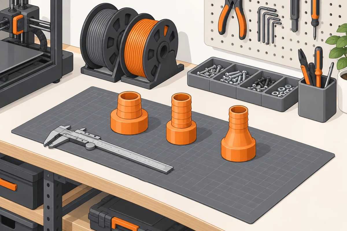 Ilustracja: stół warsztatowy z drukarką 3D, szpulami filamentu, suwmiarką i trzema pomarańczowymi drukowanymi adapterami na macie.